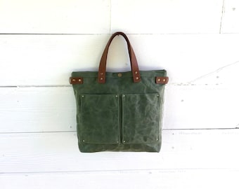 Large Sage Waxed Canvas & Leather Tote, Cross Body Bag, Diaper Bag