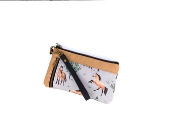 Gray & Tan Buckskin Pony Smartphone Wallet, Wristlet, Small Clutch