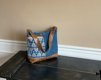 Medium Distressed Leather & Waxed Canvas Southwest Shoulder Bag, Tote