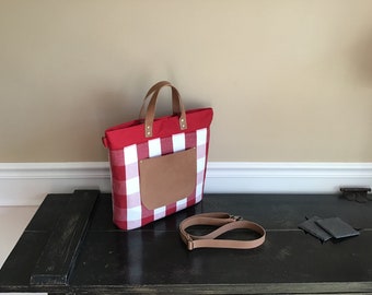 Red Buffalo Check Tote, Bucket Purse, Diaper Bag, Large Cross Body Purse