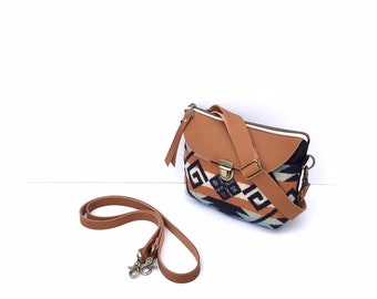 Small Tan & Black Cross Body, Shoulder Purse, Hip Bag Made With Pendleton Wool and Leather