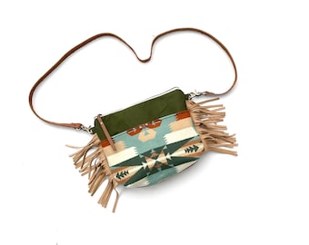 Small Western Fringe Cross Body, Shoulder Bag Made with Pendleton Wool & Distressed Leather