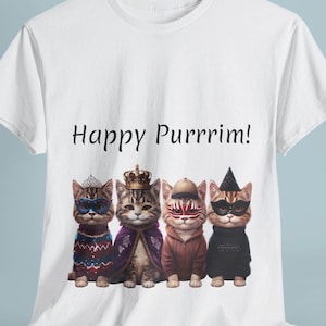 Purim T-Shirt - Cats in Costume Design, Funny Purim Shirt, Jewish Holiday Tee, Festive Costume Party Apparel, Unique Gift for Purim Fun