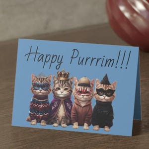 Cartes de Pourim joyeux chat Pourim, reine Esther, Mardochée, Haman, roi Assuérus en chats, fête juive amusante, note de Pourim pour Michlaoch Manot