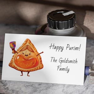 Purim Karte mit fröhlichen Hamentashen - Mishloach Manot Geschenkanhänger - Personalisierter Name oder Organisationslogo - Visitenkartengröße