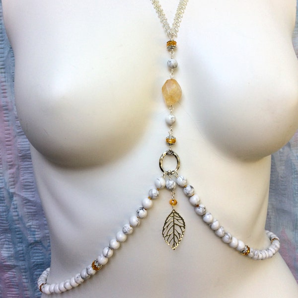 Colorado Birch Body Chain with Citrine and Howlite, Body Jewelry, Meditation Jewelry, Goddess Jewelry