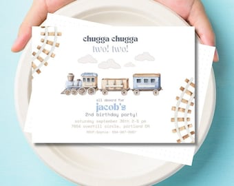 Train Second Birthday Invitation, Chugga Chugga Two Two Invitation, Blue Train 2nd Birthday Invitation, Train Invite, Train Party Invite