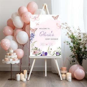 Butterfly Baby Shower Welcome Sign Butterflies and Flowers Pink Editable Pink Purple Gold Butterflies Shower Invite Baby Girl Shower Sign