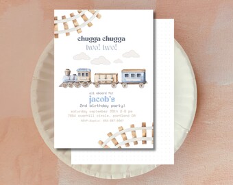 Train Second Birthday Invitation, Chugga Chugga Two Two Invitation, Blue Train 2nd Birthday Invitation, Train Invite, Train Party Invite