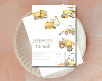 May include: A yellow and gray construction vehicle themed birthday party invitation with the text "dump everything JACK IS TURNING three!!"  The invitation includes details for the party, including the date, time, location, and RSVP information.