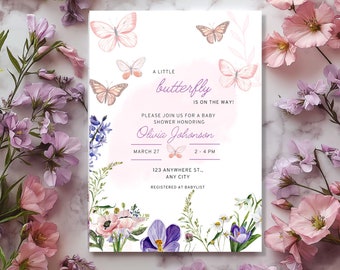 Butterfly Baby Shower Invitation Butterflies and Flowers Pink Editable Pink Purple Gold Butterflies Shower Invite Baby Girl Shower Invite