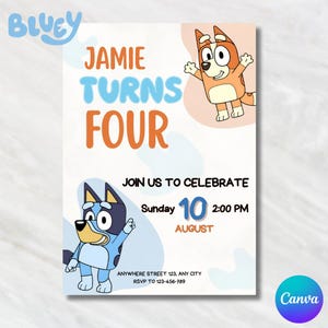 Bluey-verjaardagsuitnodiging, gratis aan te passen met canvasuitnodiging, jongens en meisjes