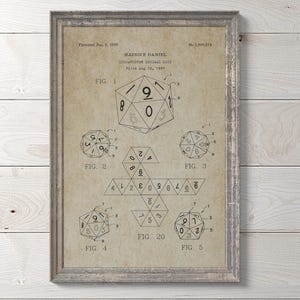 Vintage Icosahedron Dice Patent A4 Print: Maurice Daniel 1999 - D20 Gaming Dice Old Paper - Retro Tabletop Game Decor - Geek Gift Art.