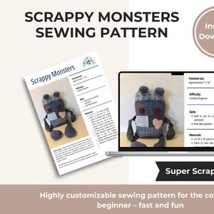 May include: A digital download sewing pattern for a scrappy monster toy. The pattern is for a confident beginner and is described as a "Super Scrap Buster!" The pattern includes instructions for quilting, applique, and raw edge applique. The finished toy is approximately 18 cm by 25 cm.