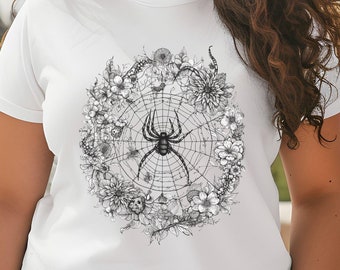 Gothic Floral Spider Web T-Shirt: Vintage Black and White Graphic Tee