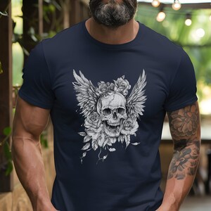 Gothic Skull T-Shirt: Skull with Wings & Roses, Edgy Graphic Tee image 3
