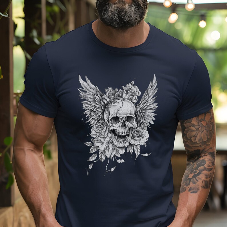 Gothic Skull T-Shirt: Skull with Wings & Roses, Edgy Graphic Tee image 3
