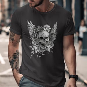 Gothic Skull T-Shirt: Skull with Wings & Roses, Edgy Graphic Tee image 6