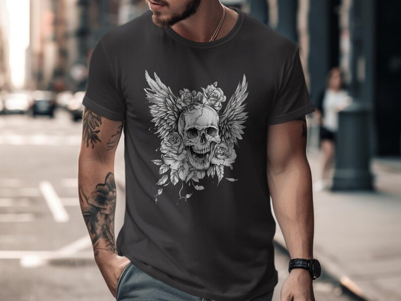 Gothic Skull T-Shirt: Skull with Wings & Roses, Edgy Graphic Tee image 6