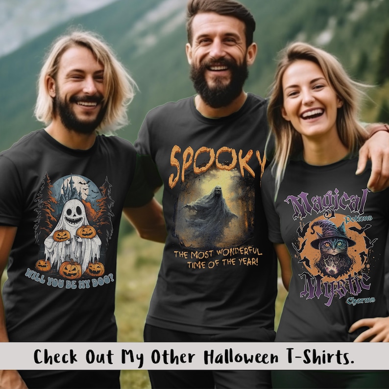 May include: Three people wearing black t-shirts with Halloween-themed designs. The shirts feature a ghost holding pumpkins, a spooky figure, and a cat wearing a witch's hat. The text on the shirts reads "Will you be my boo?", "Spooky, the most wonderful time of the year!" and "Magical Delights, Mystic Charms".