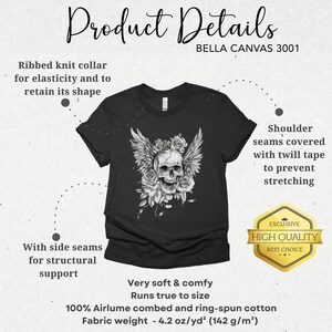 Gothic Skull T-Shirt: Skull with Wings & Roses, Edgy Graphic Tee image 8