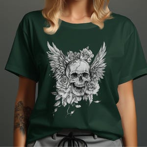 Gothic Skull T-Shirt: Skull with Wings & Roses, Edgy Graphic Tee image 4
