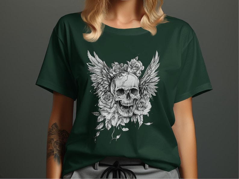 Gothic Skull T-Shirt: Skull with Wings & Roses, Edgy Graphic Tee image 4