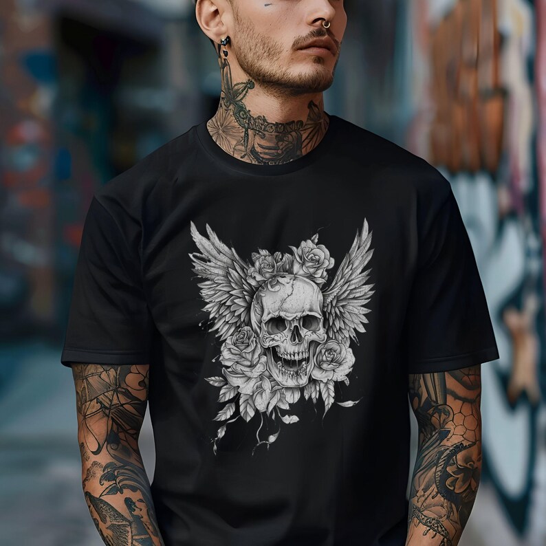 Gothic Skull T-Shirt: Skull with Wings & Roses, Edgy Graphic Tee image 7