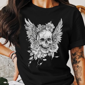 Gothic Skull T-Shirt: Skull with Wings & Roses, Edgy Graphic Tee image 1