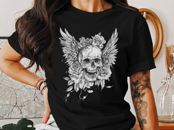 Gothic Skull T-Shirt: Skull with Wings & Roses, Edgy Graphic Tee