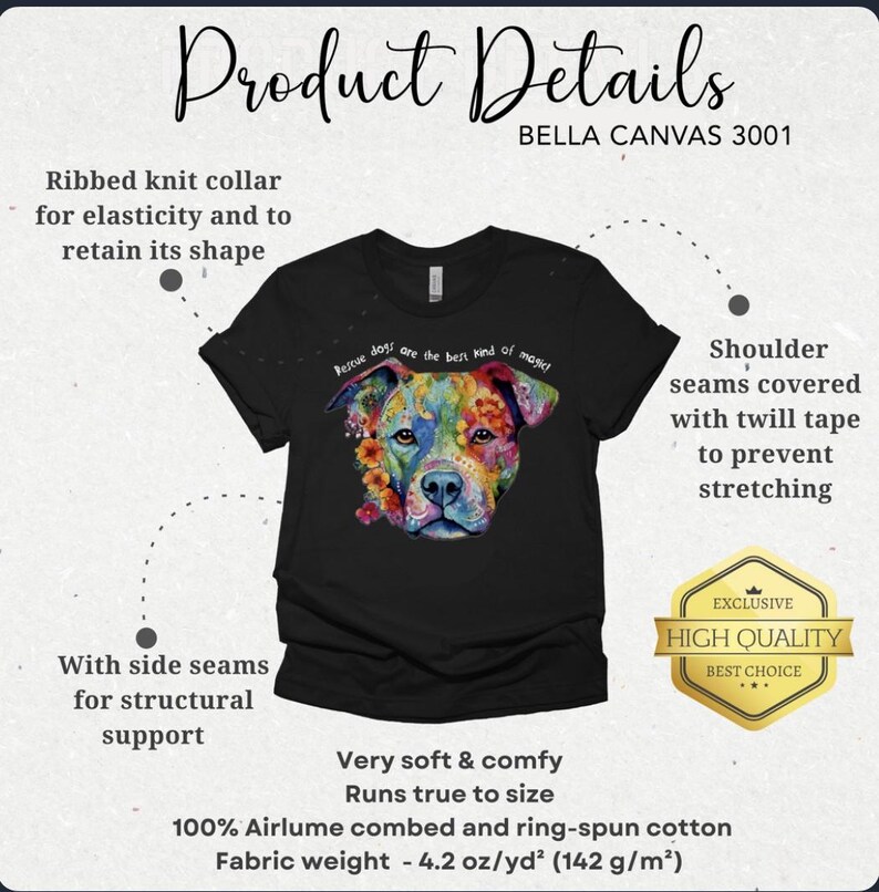 以下が含まれることがあります： 花柄のピットブル犬のカラフルなイラストが描かれた黒いTシャツ。Tシャツには「レスキュー犬は最高の魔法です！」という文字がプリントされています。このTシャツは、100％エアルーム梳き綿とリングスパンコットンで作られており、4.2オンス/ヤード&sup2;（142 g/m&sup2;）の重さです。