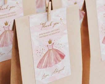 Princess Birthday Thank you tags, Girls Once upon a time Fairytale Party Decor Printable Pink Castle Crown Tiara Decoration gift bag favors