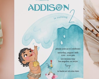 Moana Birthday invitation, Baby Moana first birthday party, luau Invite, 1st 2nd birthday hei hei ocean calling pua big wave watercolor