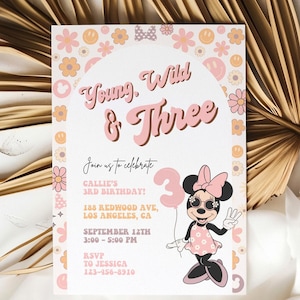 Minnie 3rd Birthday invitation, Minnie mouse party, Minnie Girl Third birthday decor digital evite instant download Young Wild and Three