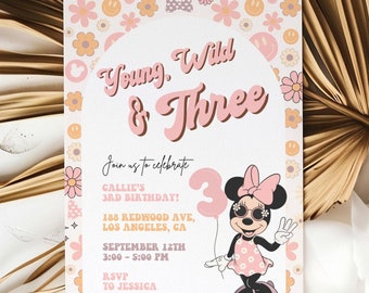 Minnie 3rd Birthday invitation, Minnie mouse party, Minnie Girl Third birthday decor digital evite instant download Young Wild and Three