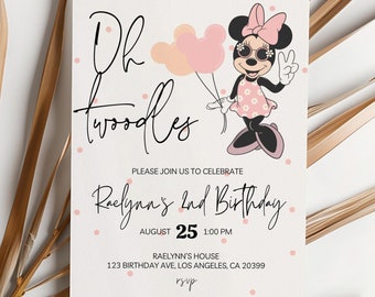 Invitación de cumpleaños de Oh Twodles, fiesta de Minnie Mouse, invitación de Oh Twodles, descarga instantánea digital de decoración de segundo cumpleaños de Minnie Girl en rosa