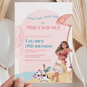 May include: A rectangular birthday invitation card featuring a cartoon illustration of a girl, a pig, and a rooster on a beach. The text reads: MAKE WAY, MAKE WAY to MO-TWO-NUI JOIN US TO CELEBRATE TAYLOR'S 2ND BIRTHDAY SATURDAY, JULY 12TH 1:30-3:30 PM.