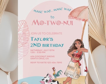 Moana Sommer-Geburtstagseinladung, Mo Two Nui, Moana Luau Pink Invite, 2. 3. 4. 5. Hei Hei Pua Ocean Calling Pool Party Maui Watercolor