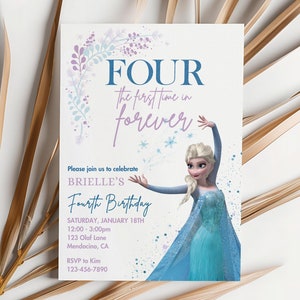 Vier zum ersten Mal in für immer gefrorene Geburtstagseinladung, Prinzessin Elsa Anna Olaf Party, Gefrorene Einladung, Aquarell Schneeflocken 4