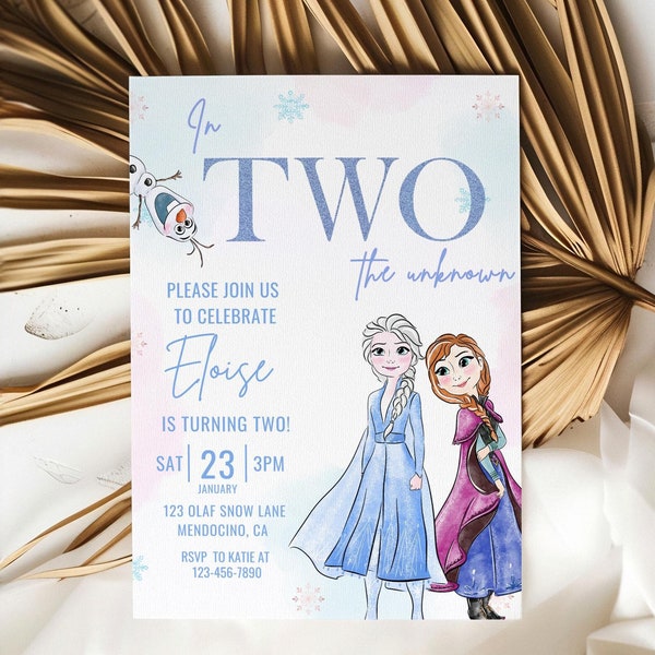 Frozen Birthday invitation, Princess Elsa Anna Olaf party invite, Watercolor 2nd minimal modern digital InTwo the Unknown Two Years Old