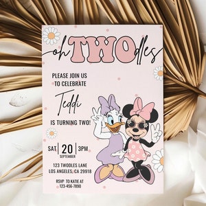 Invito di compleanno Oh Twodles, festa di Minnie, invito Oh Twoodles, Minnie Girl 2° compleanno, Daisy e Minnie segno di pace groovy rosa