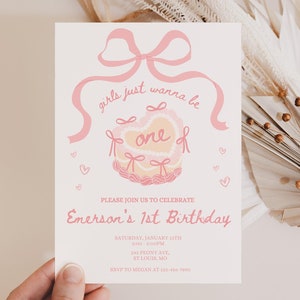 Girls Just Wanna Be One Invite, 1st Birthday Girl, Decor Bow Girls First invitation Party for 1st Bday, Vintage Cake Retro Preppy Pink fun