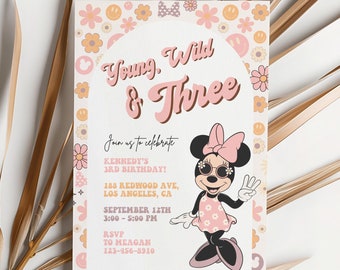 Groovy Minnie 3rd Birthday invitation, Minnie Mouse Girl Third birthday party decor digital evite instant download Young Wild & Three