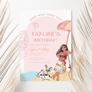 May include: A pink birthday invitation with the text "Taylor's Birthday!" features a cartoon illustration of a girl, a pig, and a rooster. The invitation is decorated with a pink background and a beach scene.