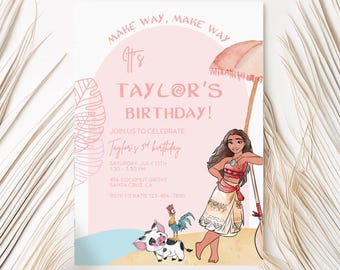 Moana Summer Birthday invitation, Moana luau Pink Invite, 2nd 3rd 4th 5th hei hei pua ocean calling Oar pool party Maui watercolor make way
