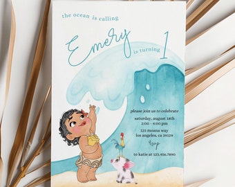 Invitación de cumpleaños de Baby Moana, fiesta del primer cumpleaños de Moana, invitación de luau moana, primer y segundo cumpleaños hei hei ocean calling pua wave acuarela