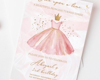 Princess Birthday Invite, Once upon a time Fairytale Party Invitation Printable Pink Castle Crown Tiara Decor girl 2nd 3rd 4th 5th 6th bday