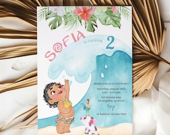 May include: A custom invitation for a second birthday party. The design features a cartoon girl, a wave, and tropical flowers. The invitation includes the name "Sofia", the age "2", and party details.