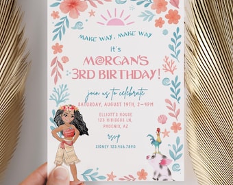 Moana Sommer-Geburtstagseinladung, Platz da! Moana Luau Pinke Einladung, 2., 3., 4., 5. Geburtstag, Meer ruft, Maui Hei Hei Poolparty, Aquarell