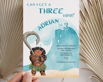 Maui 3rd Birthday invitation, Moana II birthday party, luau moana 2 Invite, Third calling pua wave ocean sky sea hook Can i get a chee hoo?